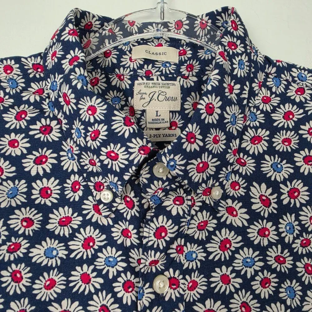 J. Crew Button Down Shirt Poplin Short Sleeve Organic Cotton Floral Navy Size L